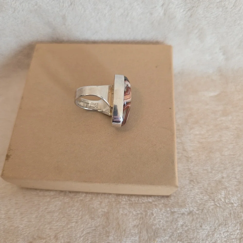 Oval Shaped Crazy Lace Agate Stone Sterling Silver Ring Earthy Boho-chic